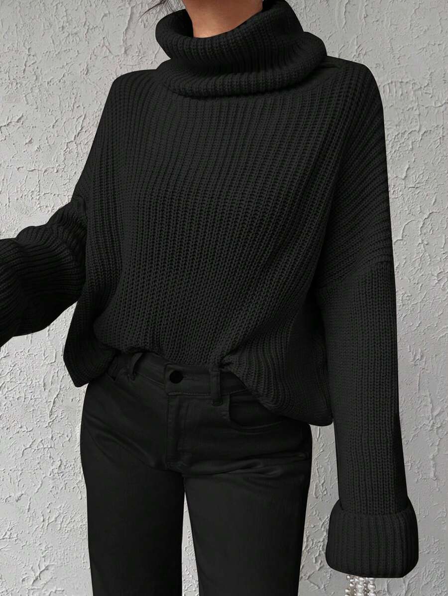 EURMUSE Turtleneck Drop Shoulder Ribbed Knit Sweater - Black - View 1