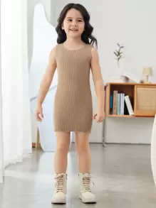 SHEIN Young Girl Ribbed Knit Cardigan & Sweater Dress - Khaki - View 3