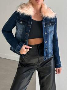 EURMUSE Flap Pocket Borg Collar Denim Jacket - Dark Wash - View 5