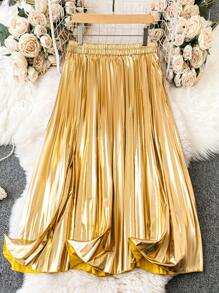 SHEIN Clasi Plus Solid Pleated Skirt - Khaki - View 2