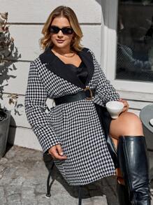 RueChic Plus Houndstooth Print Lapel Neck Coat Without Belt - Black and White - View 1