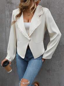 SHEIN Clasi Lapel Neck Frill Trim Blazer - Apricot - View 5