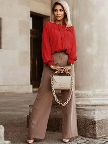 Acelitt Women's Casual Solid Color Pleated Design Long Sleeve Blouse, Suitable For Daily Commute, Spring/Autumn - Red - View 4