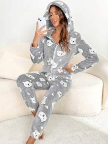 Cartoon Graphic Zip Up Hooded Flannel Sleep Jumpsuit - Grey - View 1