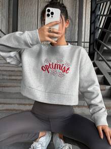 EURMUSE Letter & Floral Embroidery Drop Shoulder Crop Sweatshirt - Grey - View 1