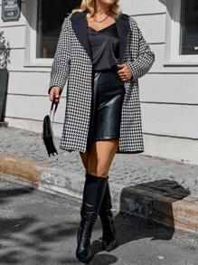 RueChic Plus Houndstooth Print Lapel Neck Coat Without Belt - Black and White - View 3