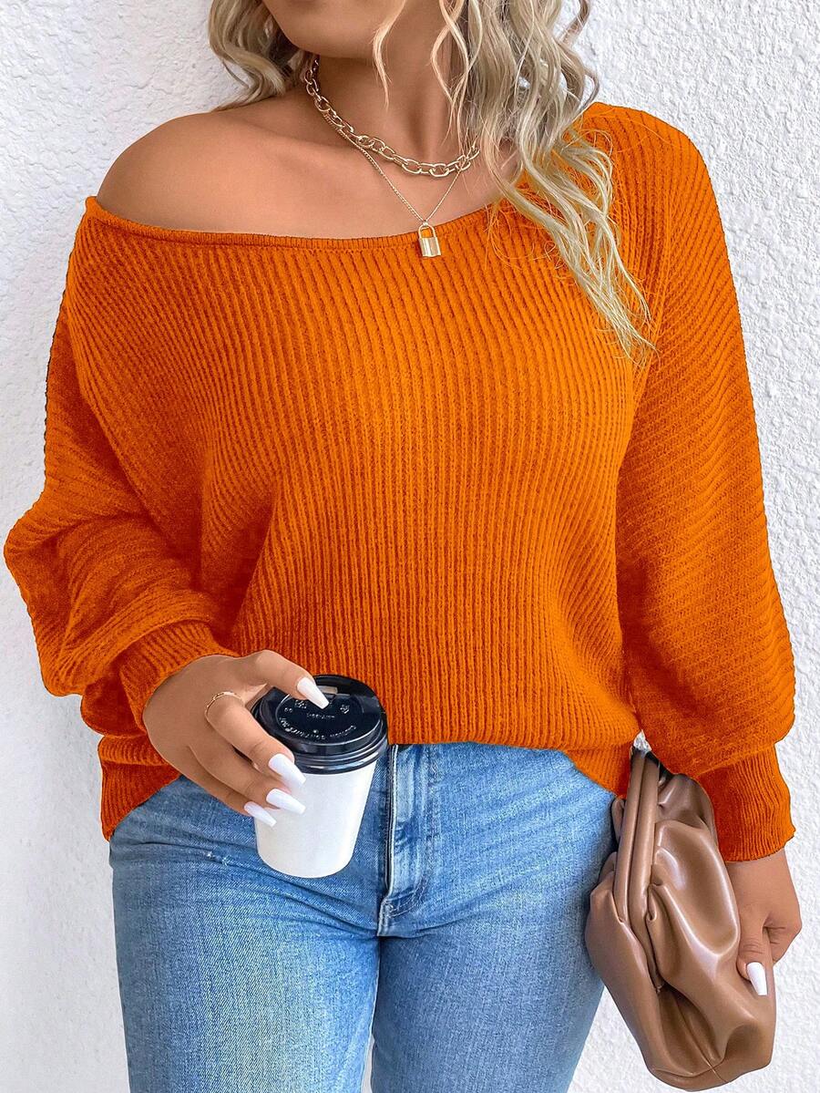 SHEIN LUNE Talla grande Jersey tejido de canalé de manga murciélago - Naranja - Ver 1