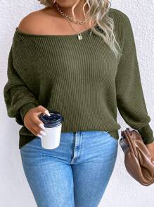 SHEIN LUNE Talla grande Jersey de manga murciélago tejido de canalé - Verde Oscuro - Ver 4