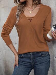 SHEIN LUNE Solid Cut Out Front Tee - Khaki - View 5