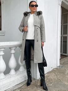 EURMUSE Women'S Hooded 2 In 1 Slim Fit Padded Jacket With Waist Drawstring - Grey - View 3