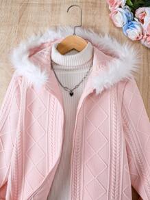 SHEIN Tween Girl Fuzzy Trim Hooded Coat Without Sweater - Pink - View 3