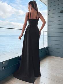 RueChic Draped Side Split Thigh Cami Dress - Black - View 2