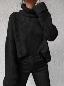 EURMUSE Turtleneck Drop Shoulder Ribbed Knit Sweater - Black - View 5