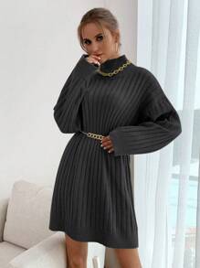 EURMUSE High Neck Drop Shoulder Ribbed Knit Sweater Dress Without Belt - Grey - View 3