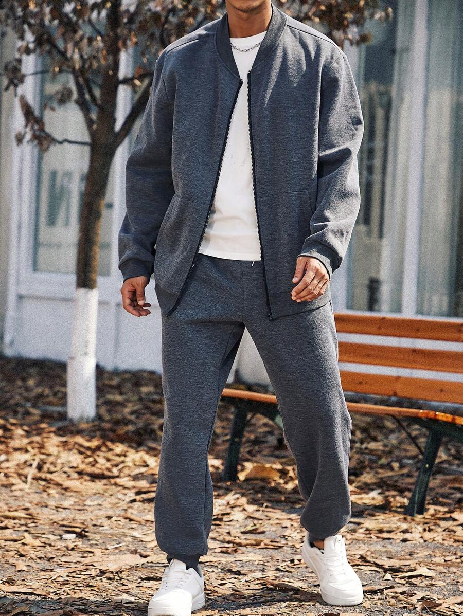 Manfinity Homme Men Plus Zip Up Bomber Jacket & Sweatpants - Grey - View 1