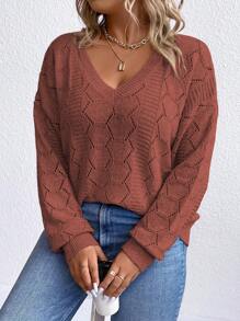 SHEIN LUNE Plus Pointelle Knit Drop Shoulder Sweater, For Winter Knit Pullover Fall Outfit - Redwood - View 5