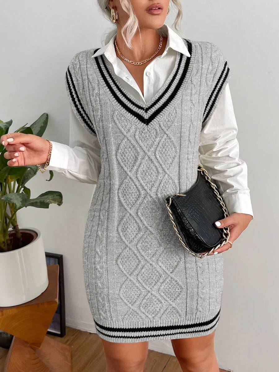 Chiquease Women's Color-Block V-Neck Sweater Dress - Grey - View 1