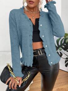 SHEIN Frenchy 褶邊前紐扣開襟衫 - 霧霾藍 - 查看 5