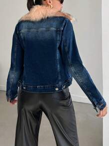 EURMUSE Flap Pocket Borg Collar Denim Jacket - Dark Wash - View 2