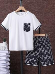 SHEIN Tween Boy Summer Casual Streetwear Daily Commute Letter Print Contrast Striped Tape Trim Short Sleeve T-Shirt And Shorts Set - Black - View 1