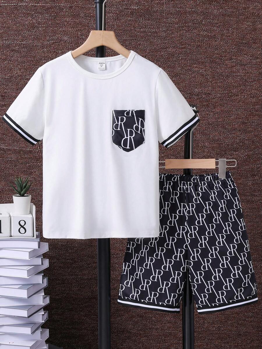 SHEIN Tween Boy Summer Casual Streetwear Daily Commute Letter Print Contrast Striped Tape Trim Short Sleeve T-Shirt And Shorts Set - Black - View 1