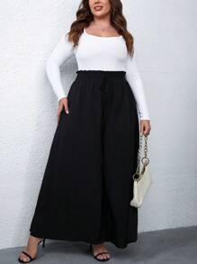 SHEIN LUNE 大碼紙袋腰前打結闊腿褲 - 黑色 - 查看 5