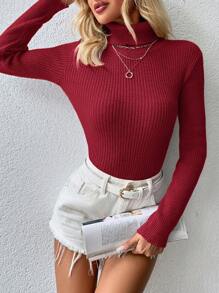 SHEIN Cottnline Turtleneck Ribbed Knit Sweater - Red - View 3
