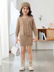 SHEIN Young Girl Ribbed Knit Cardigan & Sweater Dress - Khaki - View 4