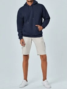 RueChic Men Kangaroo Pocket Drawstring Hoodie - Màu xanh hải quân - Xem 3