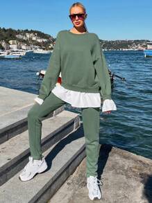 EURMUSE Drop Shoulder 2 In 1 Sweatshirt & Pants - Green - View 3