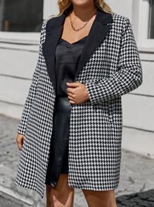 RueChic Plus Houndstooth Print Lapel Neck Coat Without Belt - Black and White - View 4