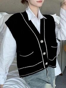 Women's Loose Fit Color Block Trim Knit Vest - Black - View 4