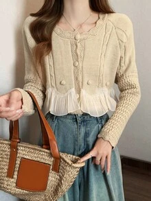 Solid Ruffle Trim Button Through Raglan Sleeve Cardigan - Apricot - View 6
