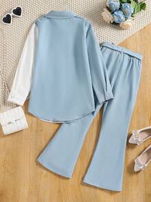SHEIN Tween Girl Two Tone Shirt & Belted Flare Leg Pants - Multicolor - View 2