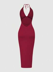 SHEIN Unity Chất rắn Xù Halter Neck Không lưng Váy bodycon - Đỏ - Xem 2