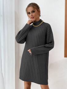 EURMUSE High Neck Drop Shoulder Ribbed Knit Sweater Dress Without Belt - Grey - View 6