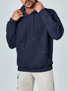 RueChic Men Kangaroo Pocket Drawstring Hoodie - Màu xanh hải quân - Xem 4