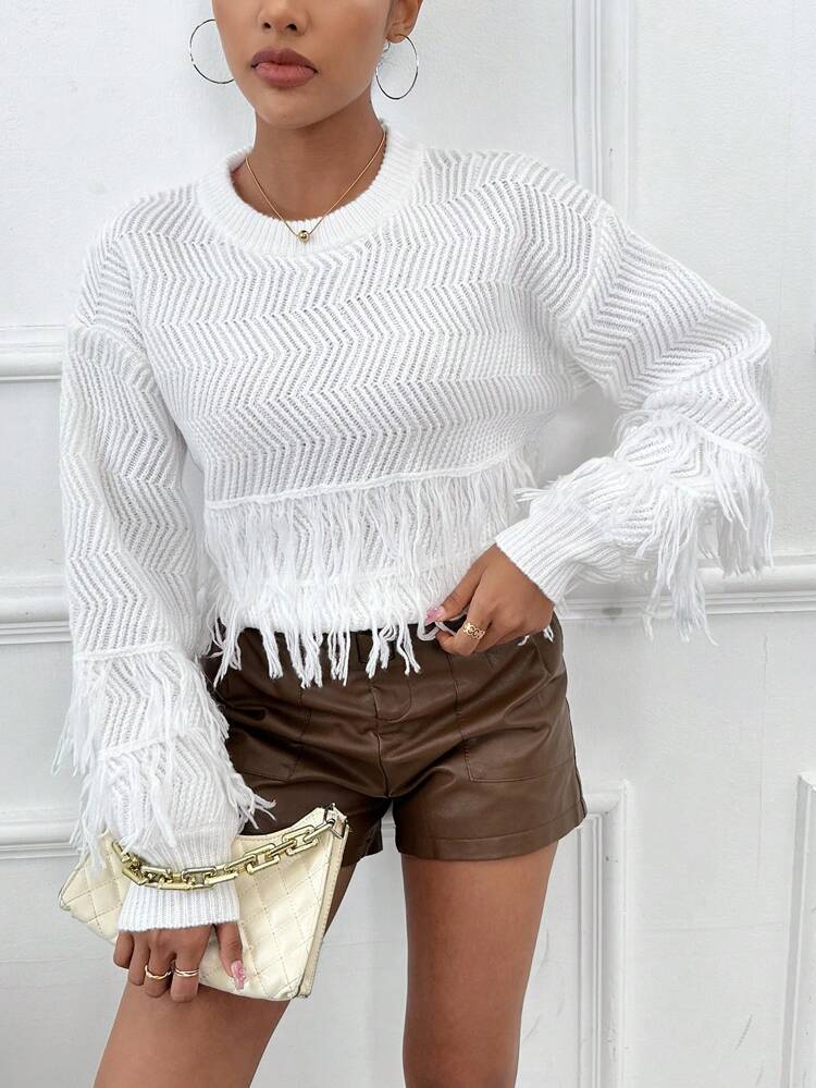 Fringe Trim Drop Shoulder Knit Pullover Fall Winter Sweater