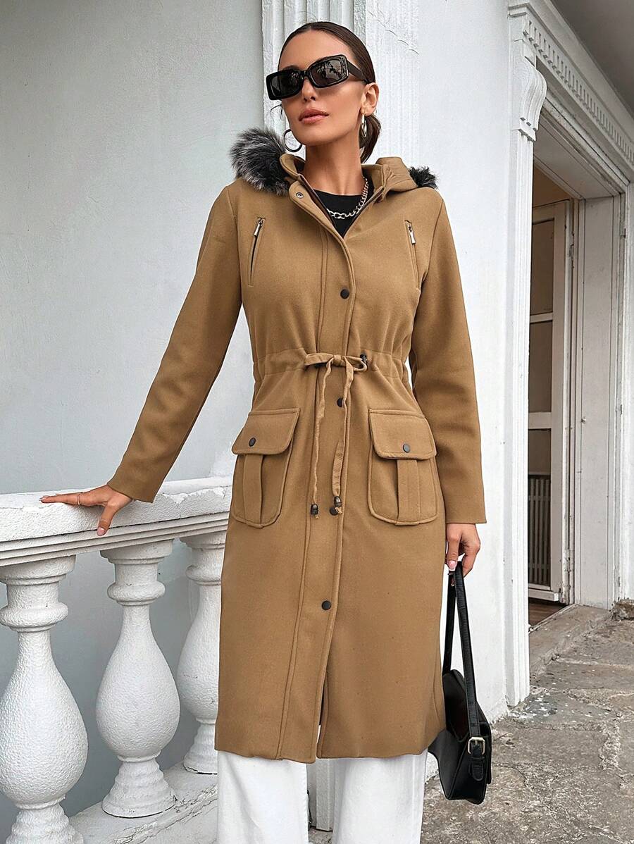 EURMUSE Hooded Overcoat With Drawstring Waist And Double Pockets - Camel - View 1