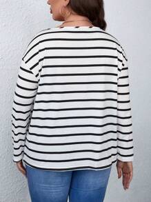 SHEIN LUNE Plus Striped Print Drop Shoulder Tee - Black and White - View 2