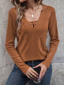 SHEIN LUNE Solid Cut Out Front Tee - Khaki - View 1