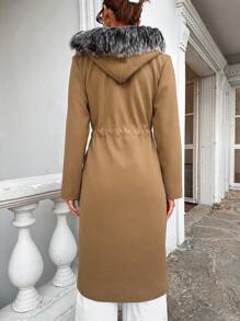 EURMUSE Hooded Overcoat With Drawstring Waist And Double Pockets - Camel - View 2