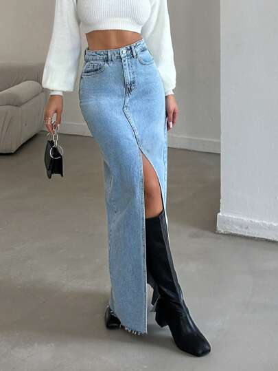 ZIRRA 女士时尚高开叉超长牛仔裙