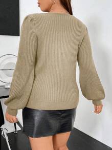 Flirla Plus Square Neck Lantern Sleeve Ribbed Knit Sweater - Apricot - View 2
