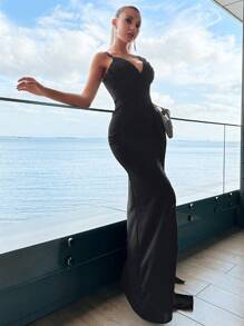 RueChic Draped Side Split Thigh Cami Dress - Black - View 4