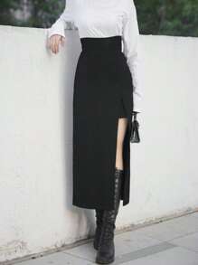 素色高衩半身裙 - 黑色 - 查看 1