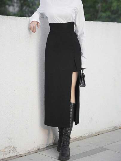 素色高衩半身裙