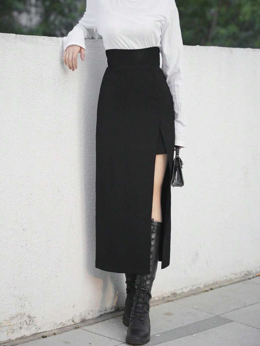 素色高衩半身裙 - 黑色 - 查看 1
