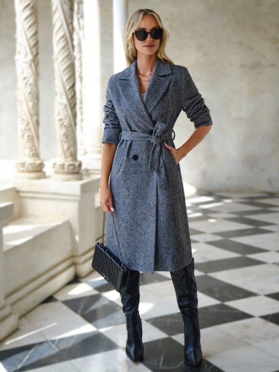 EURMUSE Lapel Neck Double Breasted Overcoat - Black and White - View 1