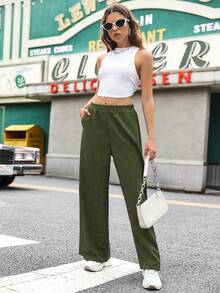 SHEIN Unity Quần nữ Túi màu trơn Giải trí - xanh quân đội - Xem 6